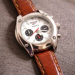 Reebok Chronograph Watch 100M Water Resistant Brown Leather Strap StainlessSteel